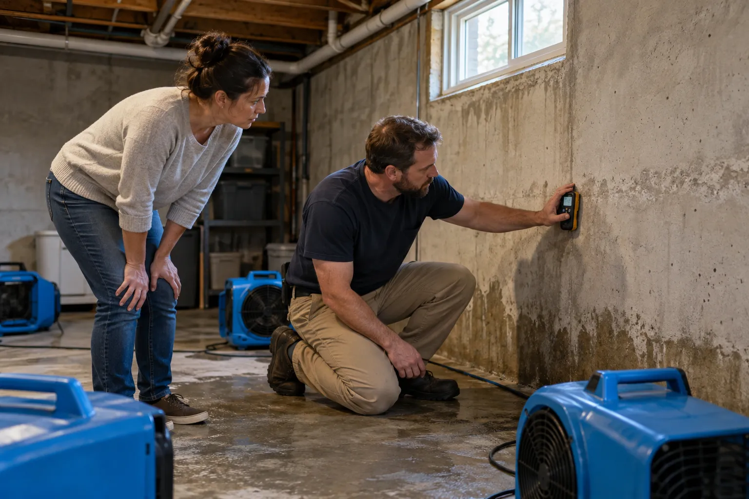 Water damage restoration technician drying a flooded living room in Columbus